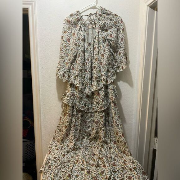 TORY BURCH Ivory Paisley Printed Ruffle Maxi Long Silk Dress 3/4 Sleeves NWOT - Picture 3 of 9